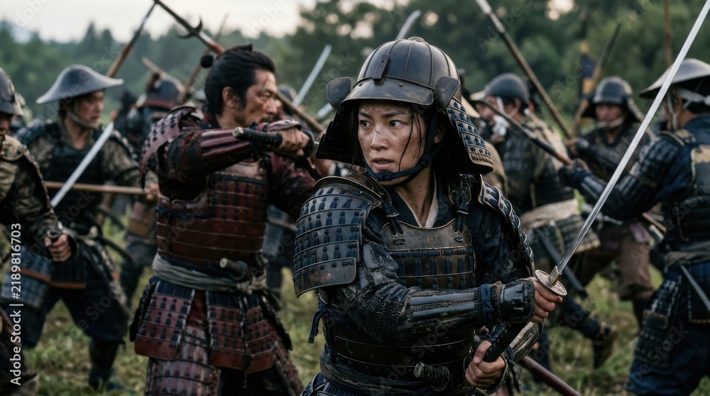 Fototapeta premium Samurai warriors in armor fighting in a battle