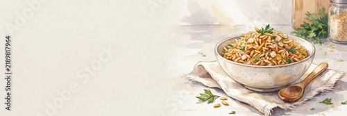 Risoni / Orzo is a dish of Italian cuisine, a pasta in the shape of rice grains, prepared with the addition of vegetables, herbs, or a light sauce. A banner with space for text. 