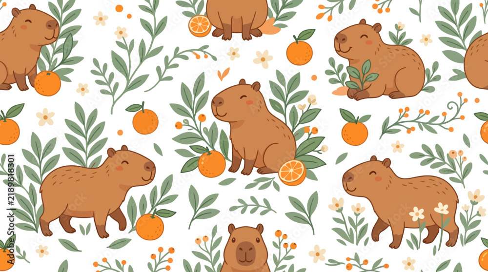 Obraz premium Cute Capybara Character Seamless Pattern with Oranges and Flowers