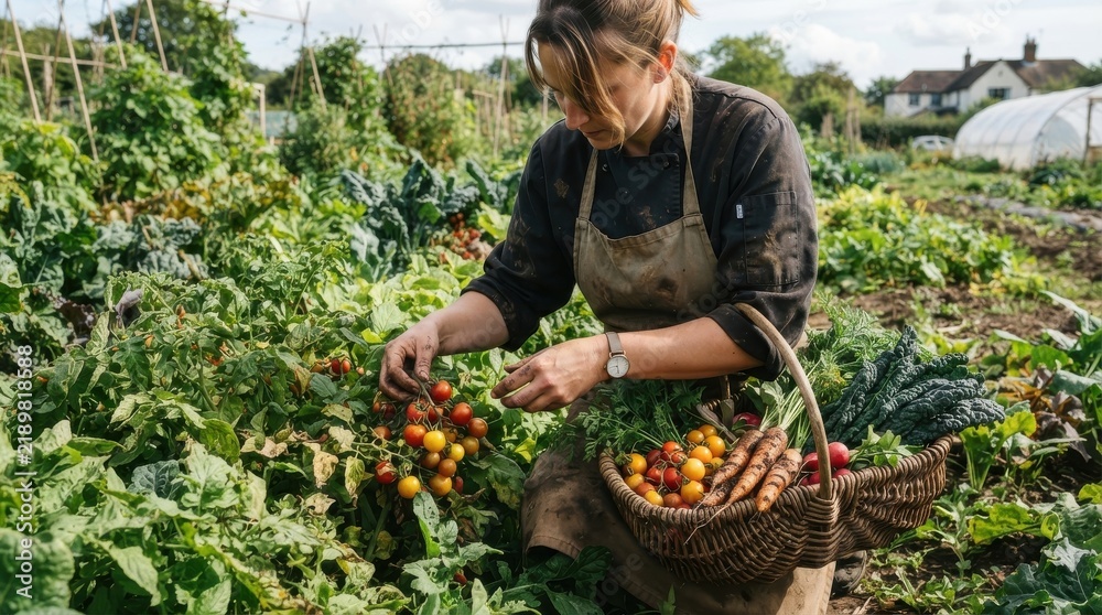 Fototapeta premium Woman harvesting fresh vegetables in a community garden
