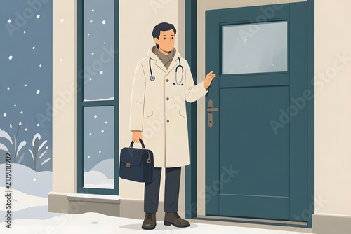 Doctor in white coat stands at blue door with medical bag, snow falling outside. Podcast cover for healthcare access or emergency response themes.