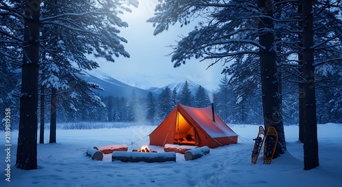 Couple enjoying winter camping trip in snowy forest with red tent and sled