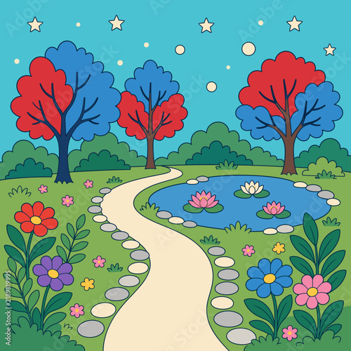 Enchanted garden flat vector with pond and colorful trees