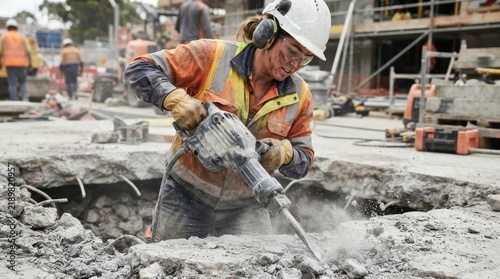 Female construction worker using a jackhammer on a road worksite