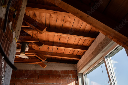 Canvastavla Timber roof construction seen from inside the attic of a new house