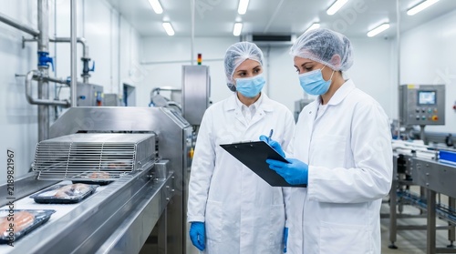 Food and manufacturing researchers oversee seafood production lines in a factory.