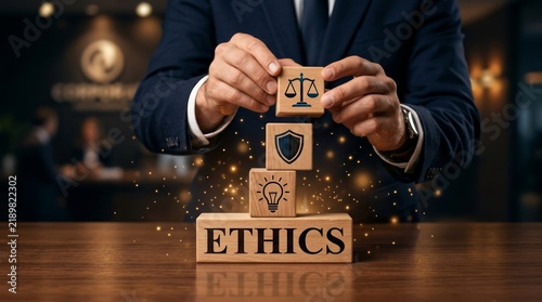 Businessman building an ethics concept using wooden blocks and various symbols.