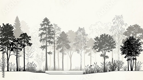 Minimal style CAD tree line drawing of a wetland forest section for landscape design.