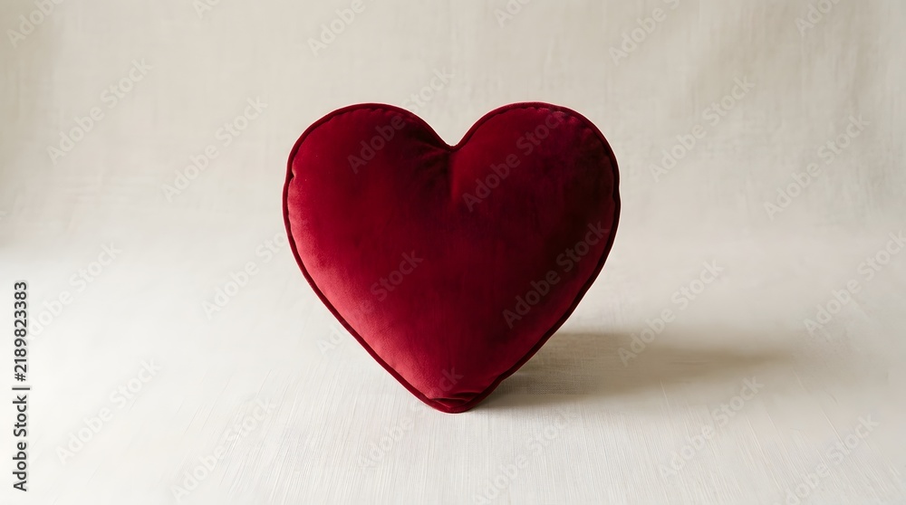 Fototapeta premium Deep red heart shaped velvet pillow cushion with soft plush texture showcased in sharp focus using a clean minimalist composition