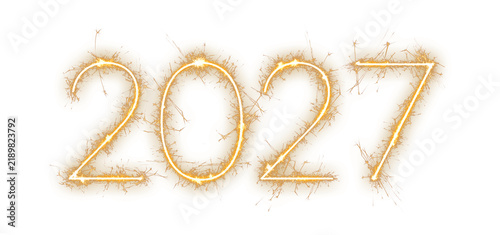 2027 happy new year date created with glowing gold sparkler lines, isolated graphic element for holiday party invitations, festive advertising, and seasonal background design