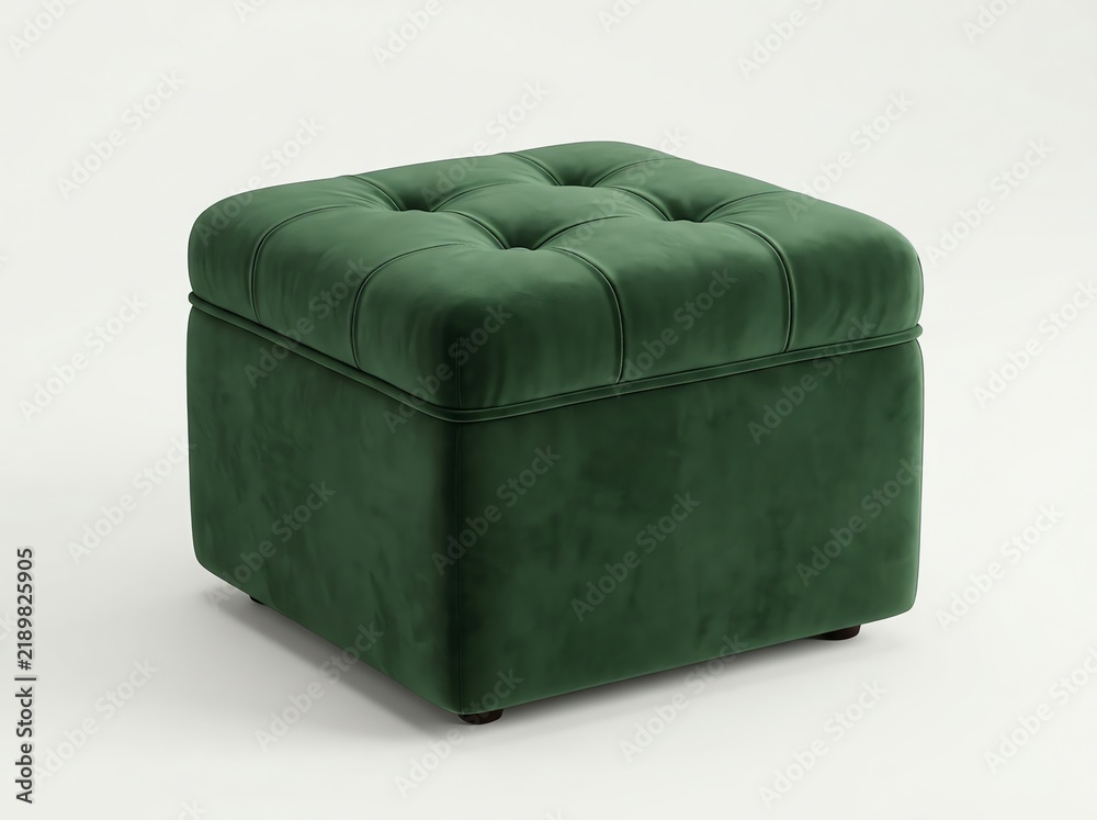 Obraz premium Square green velvet button tufted storage ottoman for cozy living room decor.