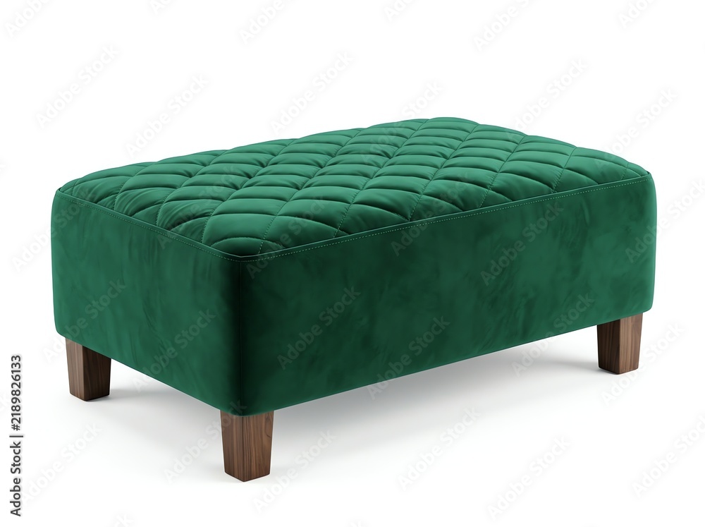 Obraz premium Green velvet quilted ottoman with wooden legs for elegant home decor furniture.