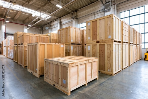 Storage area filled with wooden crates in a large warehouse during the day