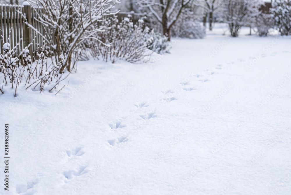 Obraz premium Bird footprints scattered across fresh powder snow in quiet winter garden. Trail of bird tracks on white snow near wooden fence and snowy bushes.