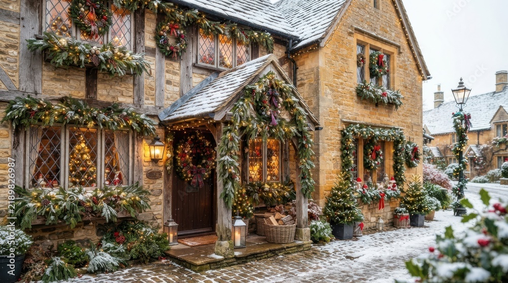 Fototapeta premium Traditional English stone cottage decorated for Christmas with festive wreaths and snow