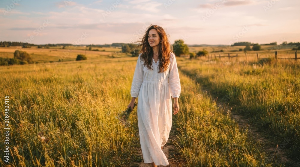 Obraz premium Young woman in white dress walking through a grassy field at sunset