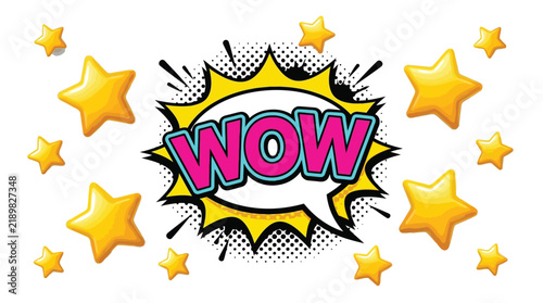 Vibrant wow expression inside comic book speech bubble surrounded by bright yellow shiny floating stars
