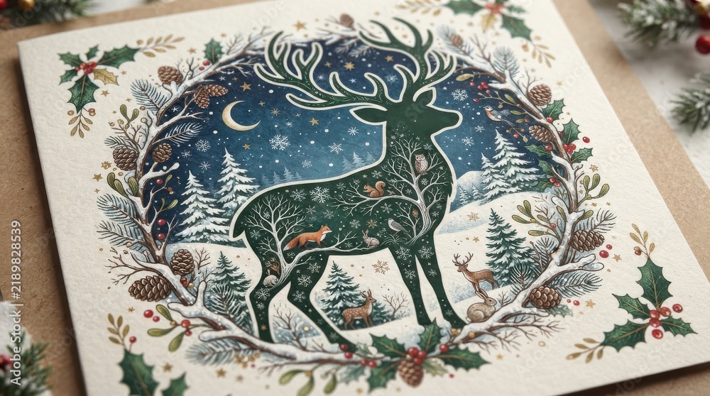 Fototapeta premium Christmas greeting card featuring a green deer with winter forest design