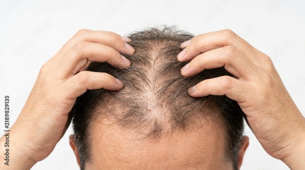 Fototapeta premium Man checking hair loss and thinning hair on his head