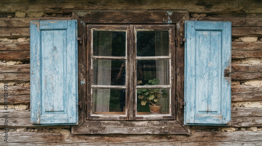 Fototapeta premium Old rustic window with weathered blue wooden shutters set in a log cabin wall