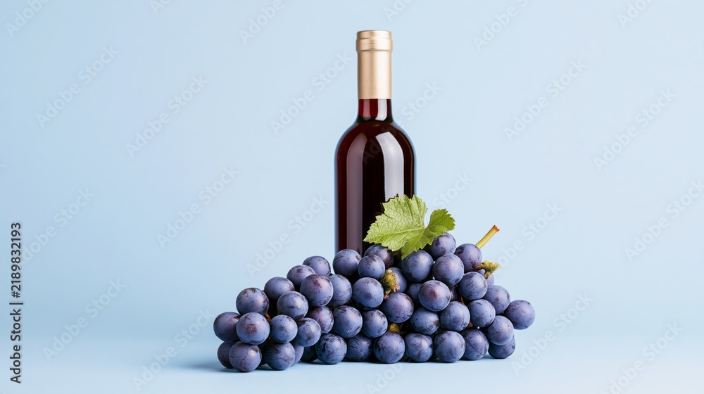 Obraz premium Red wine bottle with dark grapes and vine leaves on a light blue background, minimal winery and harvest concept with copy space