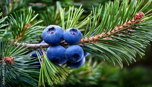 Fresh Blue Berries With Green Pine Needles On A Natural Branch