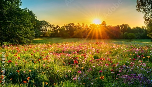 A Vibrant Meadow Bursts With Colorful Wildflowers Under The Warm Glow Of The Setting Sun Framed By Lush Green Trees