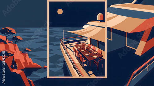 Elegant dining setup on yacht deck overlooking ocean at night with moonlight and coastal landscape