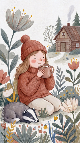 Young girl in cozy sweater and hat enjoys warm drink outdoors near cabin and flowers
