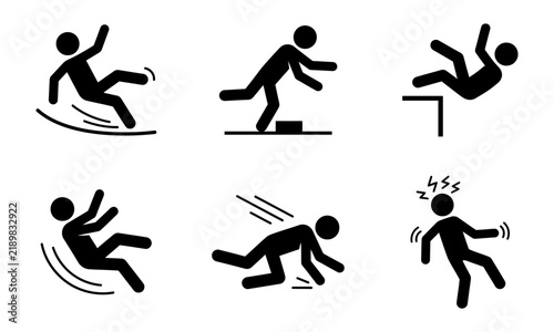 Collection of stick figure silhouettes depicting various types of accidental falls and slips