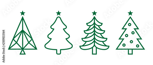 Four stylized green christmas trees in a row with star toppers illustration