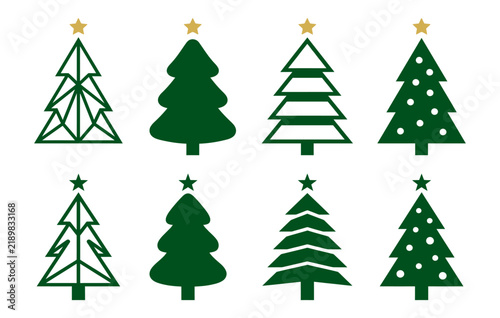 Collection of minimalist christmas tree illustrations in various geometric styles