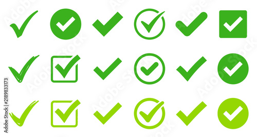 Collection of various green check mark icons in different shapes and styles