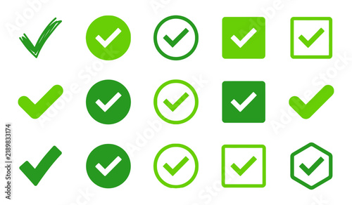 Collection of vibrant green checkmark icons in various shapes and styles