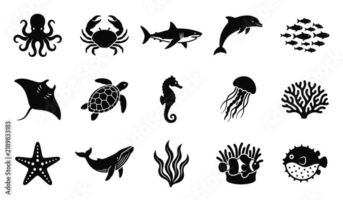 Collection of marine life icons including octopus shark dolphin and coral