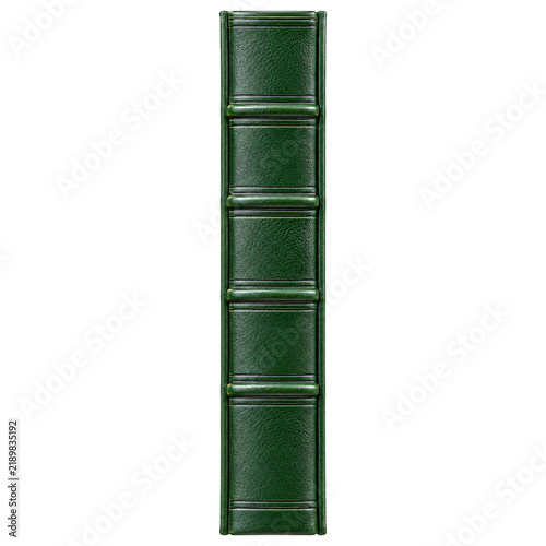 Isolated dark green leather book spine with classic ribbed design on