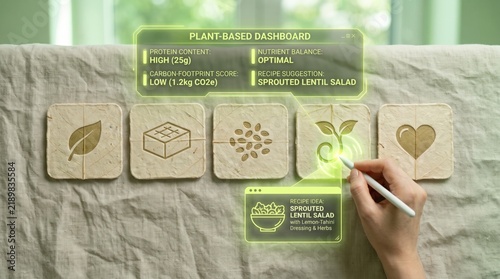 Plant-based nutrition concept with hand interacting with holographic menu icons of leaf, tofu, seeds, sprout, and heart