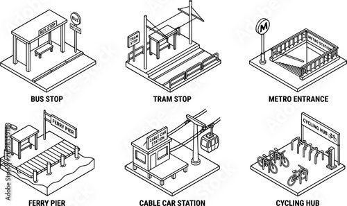 Isometric Public Transport Stops Stations Collection Bus Stop Tram Metro Entrance Ferry Pier Cable Car Cycling Hub Minimal Line Art Urban Mobility Vector