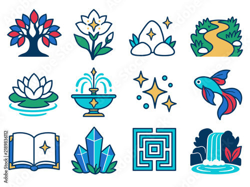 Fantasy garden flat vector icon set in navy turquoise and red
