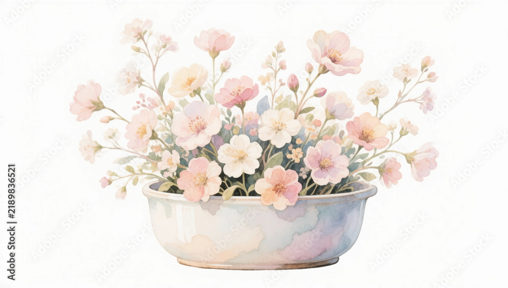 Obraz premium Soft pastel floral arrangement with delicate pink and cream flowers in a decorative container, creating a romantic spring composition.