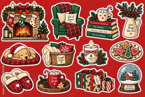 Cozy Christmas sticker collection featuring warm drinks, blankets, candles, gifts, festive decorations and relaxing winter holiday moments.