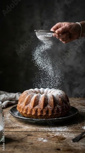 A hand dusting powdered sugar through a sieve onto a fresh homemade bundt cake on a dark plate over a rustic wooden table, dark moody atmospheric food photography, commercial baking concept.