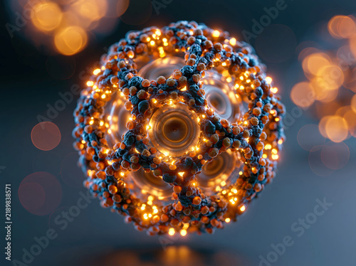 Small spherical Zika virus particle rendered in soft light, displaying a molecular structure with interconnected bulbs Background is neutral, with a bokeh effect and central subject - AI-Generated