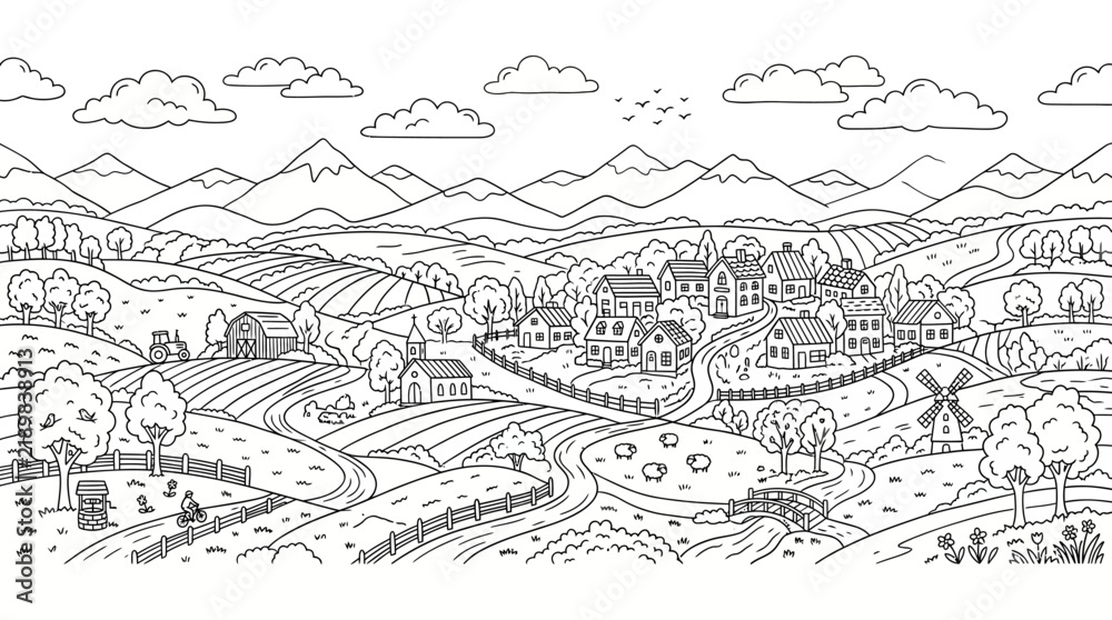 Fototapeta premium A detailed outline illustration of a charming rural village nestled in a vast mountainous landscape with fields and a winding road.