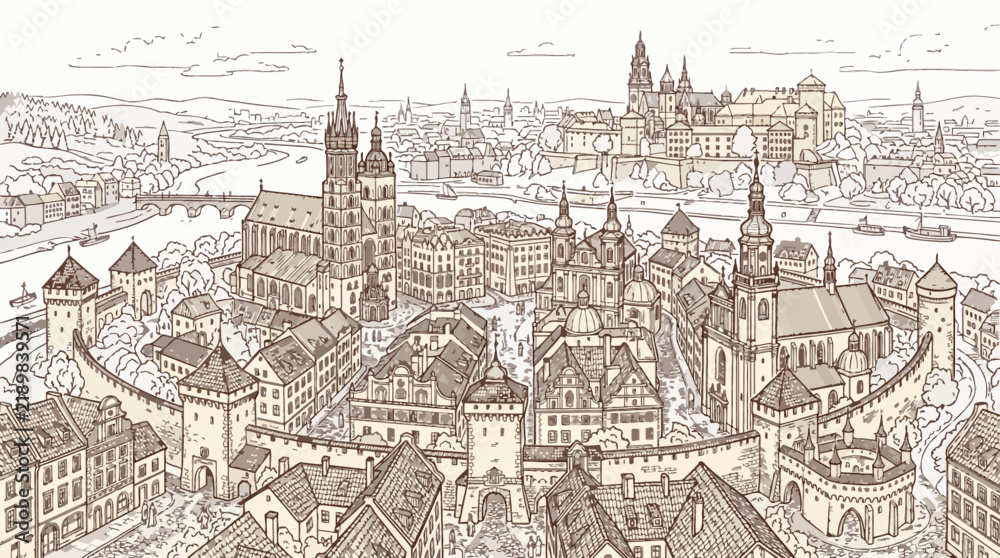 Obraz premium Detailed illustration of a historic European city with a river and bridges, seen from above.
