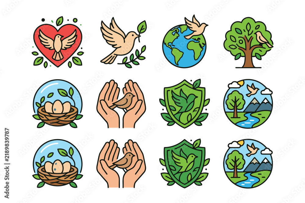 Fototapeta premium Colorful nature and peace icons set with birds and earth elements