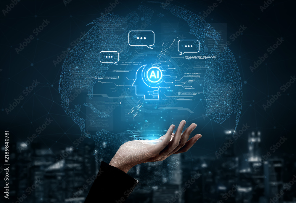 Obraz premium Artificial intelligence AI virtual assistant chatbot automates search and report with conversational chat support data for teams. LLM AI deep learning use generative AI for work support. NLP. Corpus