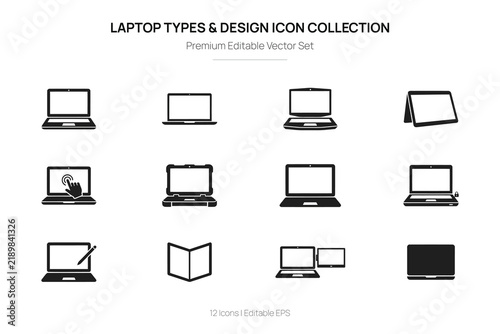 Laptop icons collection vector illustration with different styles and views on a white background