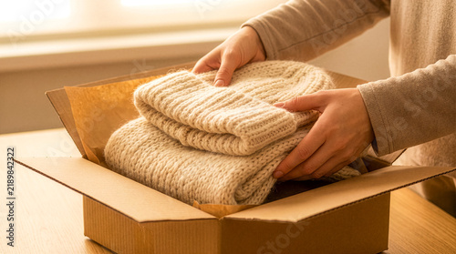 Hands packing folded knitted blankets into a cardboard donation box