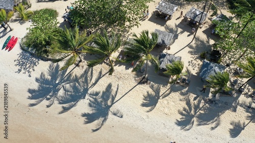 Fantastic aerial view of Nativos Beach with white sand, coconut trees and tropical nature in Trancoso, Bahia, Brazil